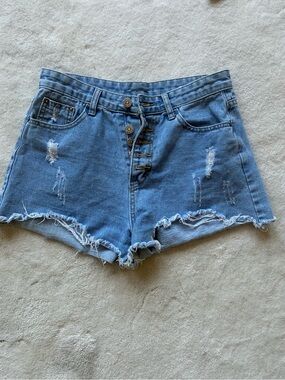High-Waist Distressed Denim Shorts - Light Blue